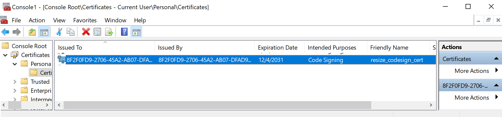 (Fig 2. Opened mmc with Snap-In Certificates)