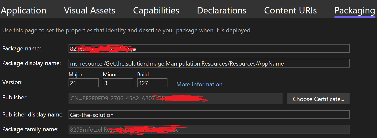 (Fig 1. Shows the opened Package.appxmanifest file of an UWP solution)
