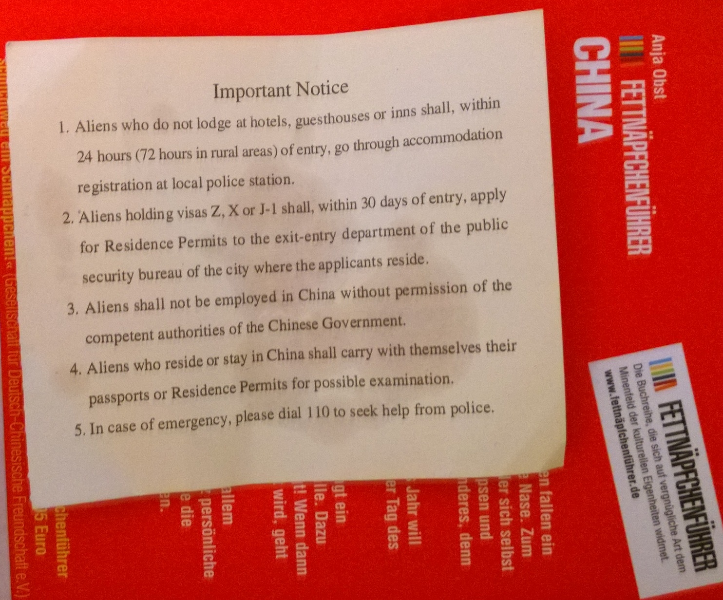 Important Notice. Aliens who do not lodge at hotels,….
